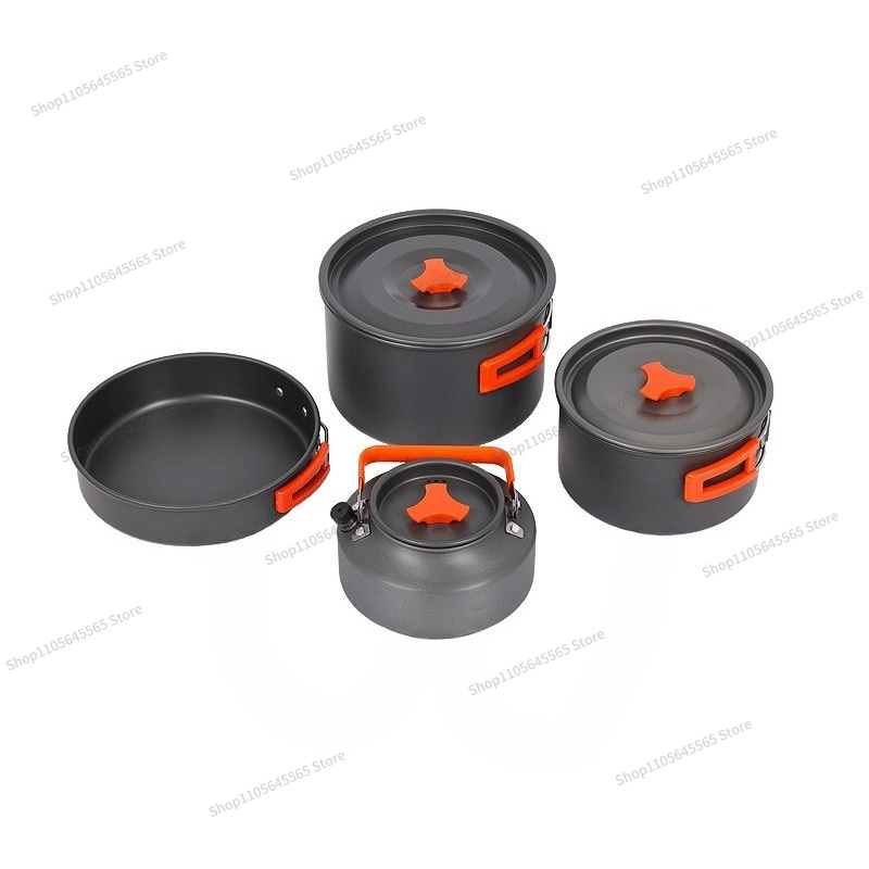 Camping Cooking Set For 4 - アウトドアキャンプ用調理器具4点セット、鍋、ケトル、フライパン、調理器具