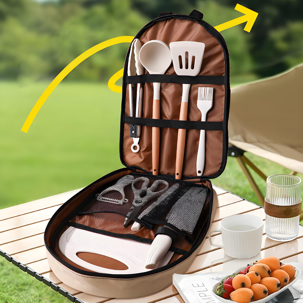 Quechua Camping Cooking Set - 10点セット ポータブルキャンプ用調理器具セット、シリコン製スパチュラ、お玉、まな板、ナイフ、ハサミ、フードトング、ピーラー
