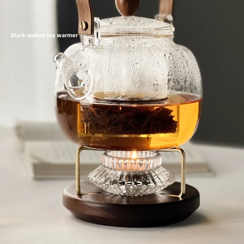 Camping Cooking Kettle - ブラックウォールナットキャンドルティーウォーマー、ホームオフィス、アウトドアキャンプ、雰囲気のあるポータブルティーブリューワーベース、ティーポットトリベットティースタンド（キャンドルなし）