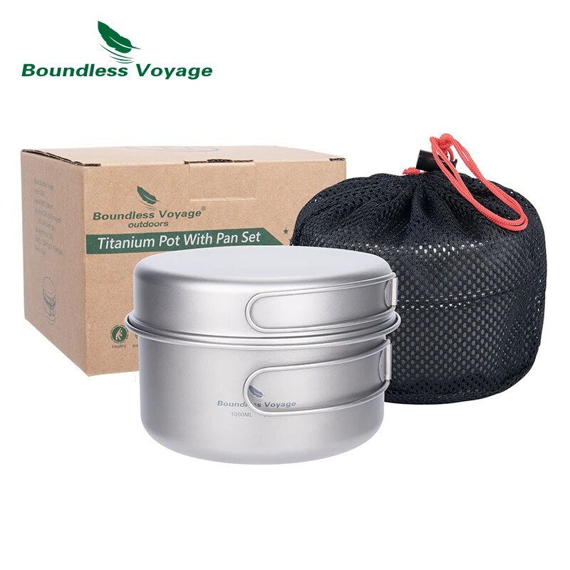 Camping Cooking Set For 4 - Boundless Voyage チタンポットパンセット 折りたたみハンドル付き キャンプ調理器具 ハイキング