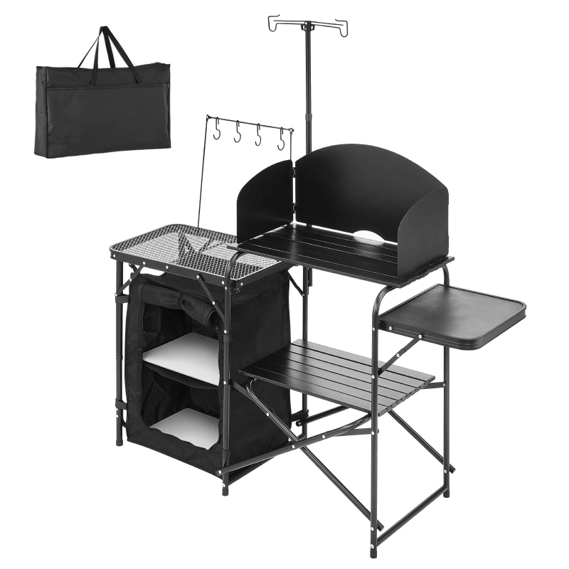 Camping Cooking Cupboard - キャンプキッチンテーブル 折りたたみ式キャンプクックステーション アルミ製ポータブルクックステーション キャビネット付き、キャリーバッグ、ウィンドスクリーン付き