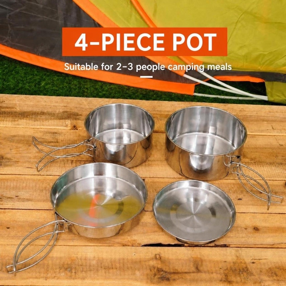 Camping Cooking Set For 4 - 4点セット ポータブル ステンレス製 キャンプ用調理器具セット 積み重ね可能 4ピースセット