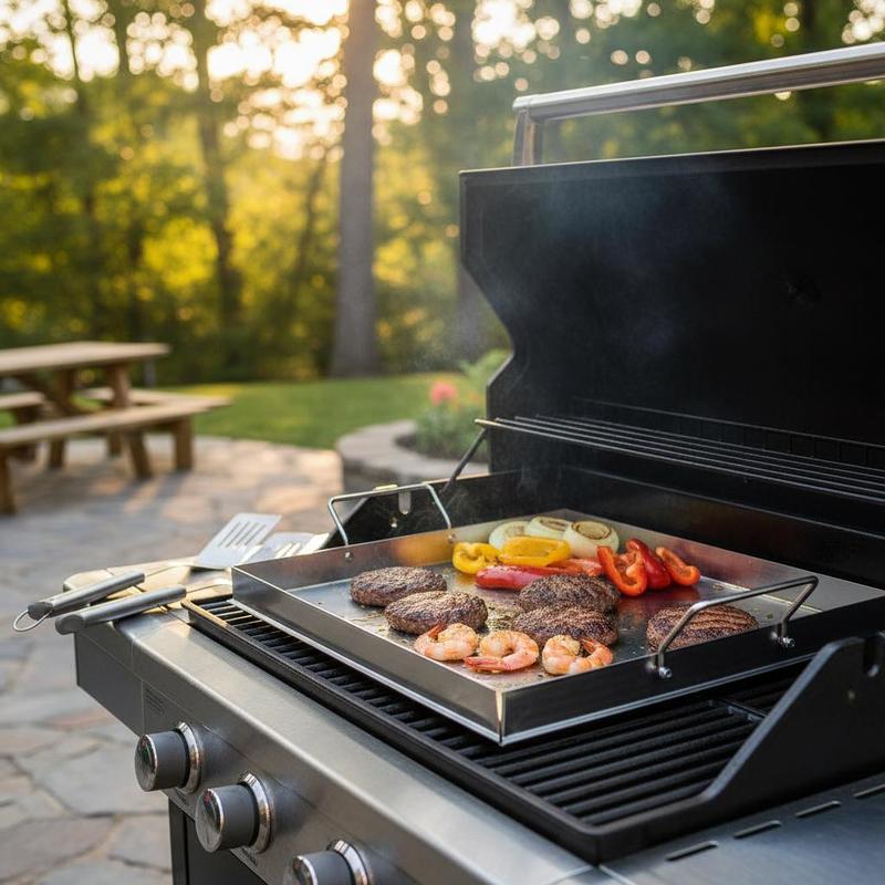 Camping Cooking Flat Top - ユニバーサルフラットトップグリドル 18x16インチ キャンプ、テールゲーティングパーティー用、長方形ホットプレート ファミリー調理器具 内蔵ハンドル ガスグリルアタッチメント