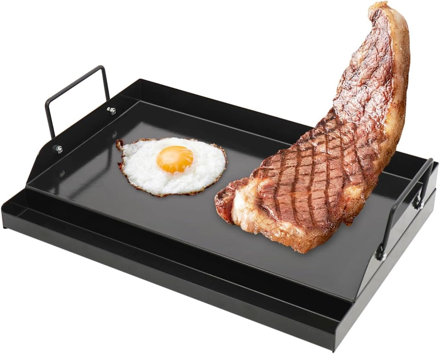 Camping Cooking Flat Top - 18インチ x 12インチ ノンスティック鋳鉄グリドル（グリーストレイ付き）、ガス・炭火グリル用、屋内外での調理やキャンプパーティーに最適な頑丈なフラットトップグリドル
