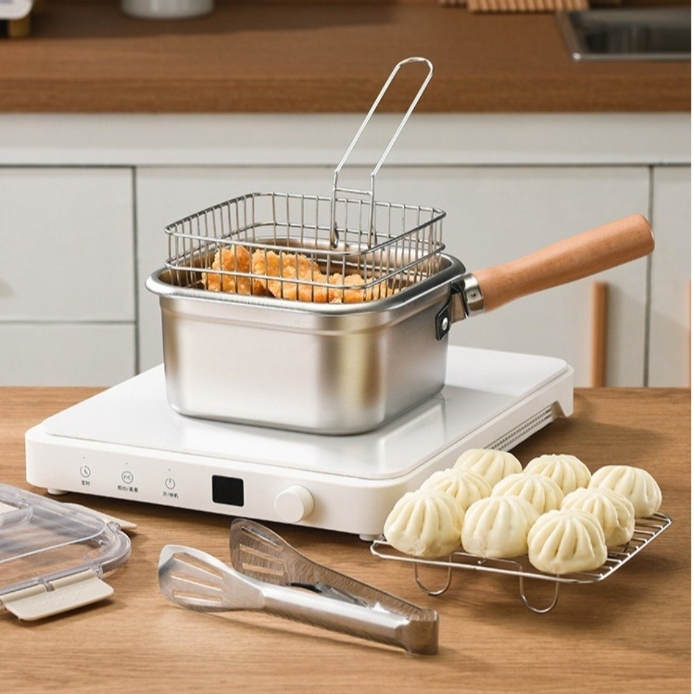 Camping Cooking Unit - ポータブルステンレス鋼フライパン正方形ノンスティック調理鍋バスケット付きキャンプ調理器具セットパスタ