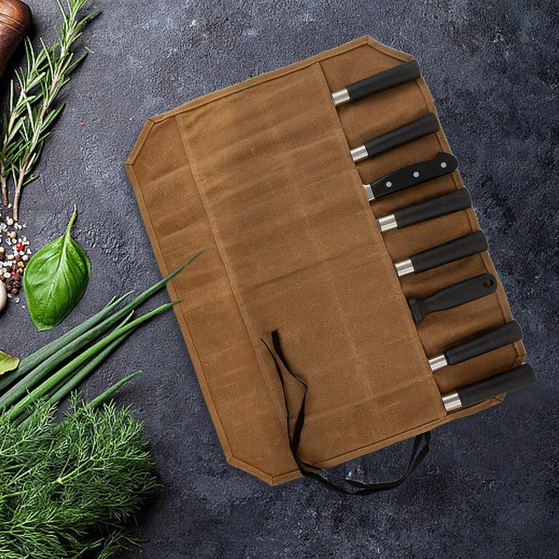 Camping Cooking Utensil Holder - ワックスキャンバス製シェフナイフロール、複数の収納スロット、耐久性のある構造、ナイフバッグ、ポータブルキッチンナイフホルダー、アウトドアキャンプ用