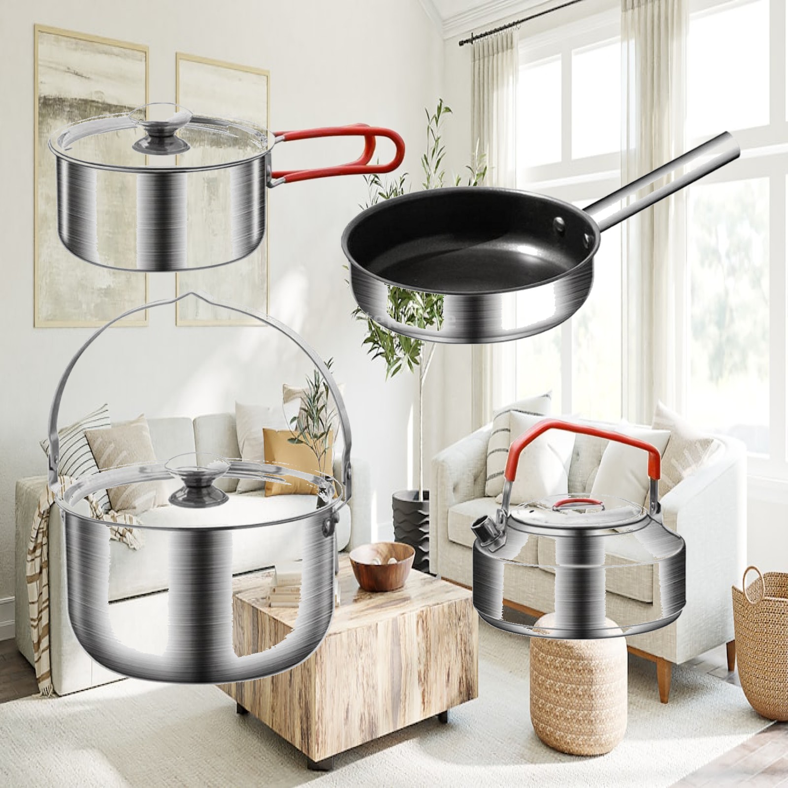 Camping Cooking Set For 4 - 4点セットの屋外用折りたたみ調理器具セット。304ステンレス製で、キャンプ用の鍋、フライパン、ケトルとして使用可能。キャンプ料理やキッチン用品として最適。