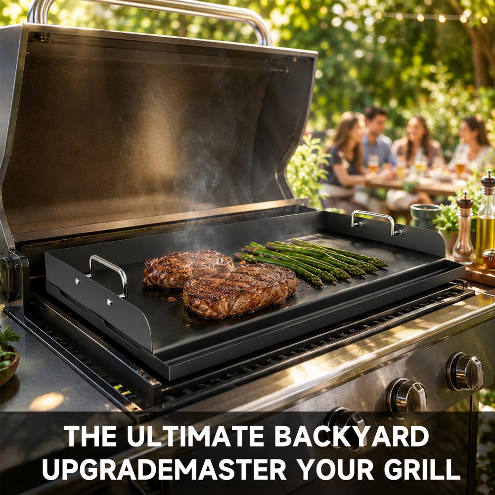 Camping Cooking Flat Top - 厚手の鋳鉄製ベーキングパン、プレシーズニング済みノンスティックグリドル、ユニバーサルフラットトップ、取り外し可能なサイドハンドル、パーティー、キャンプ、調理用ツール