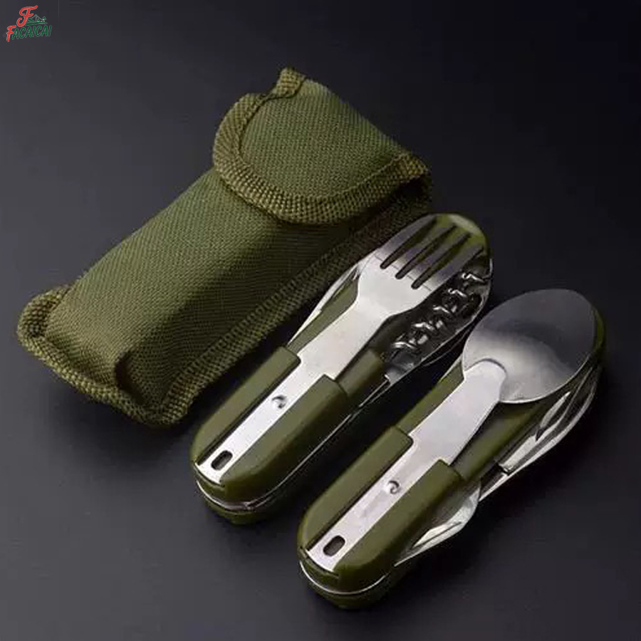 Camping Cooking Survival - キャンプ用品 5-in-1 ステンレス製トラベルセット、多機能折りたたみ式アウトドア食器