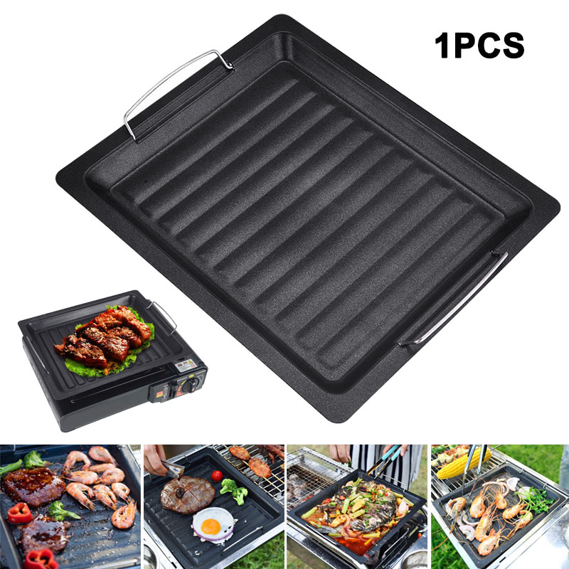 Camping Cooking Tray - 屋外用厚い四角グリルパン 2つのハンドル付き ポータブルノンスティックグリルパン ベーキングトレイ 外出用 バーベキュー