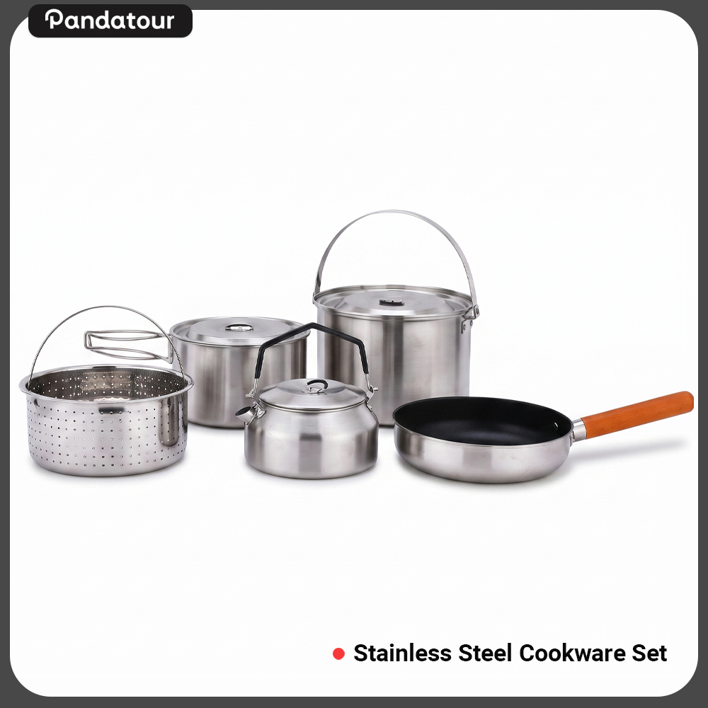 Camping Outdoor Cooking Equipment - Pandatour アウトドアキャンプ用5点ステンレス製調理器具セット 折りたたみ式ポータブル スープポット、ストレーナーバスケット、ケトル、フライパン付き