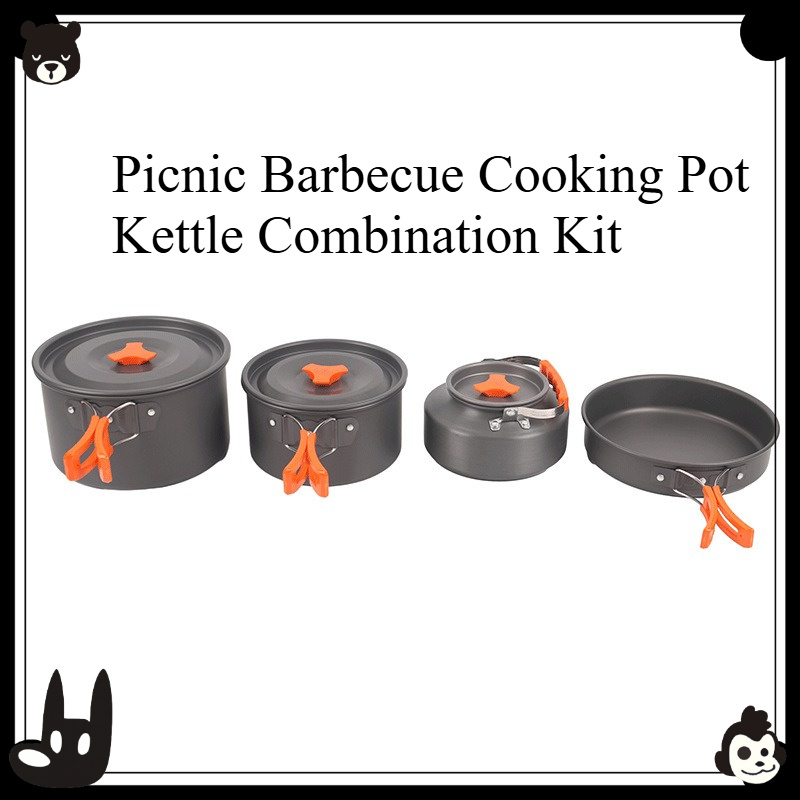 Camping Cooking Set For 4 - ポータブルアウトドア調理器具セット 4点セット キャンプ ピクニック バーベキュー クッキングポット