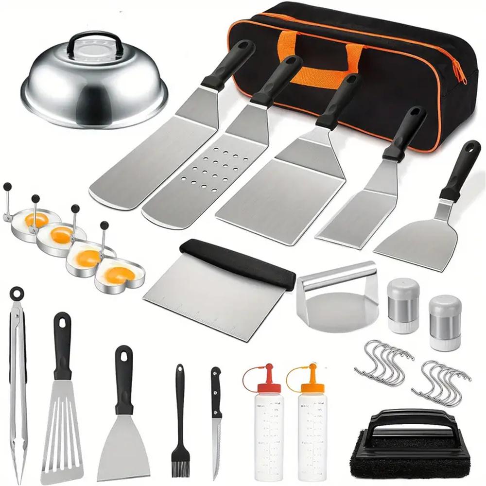 Camping Cooking Flat Top - 33個入りフラットトップグリドルアクセサリーキット、頑丈なステンレス鋼BBQグリルツールセット、大型スパチュラ、スクレーパー、バステイングカバー、バーベキュー調理器具、屋外キャンプ、ピクニック、父の日ギフト