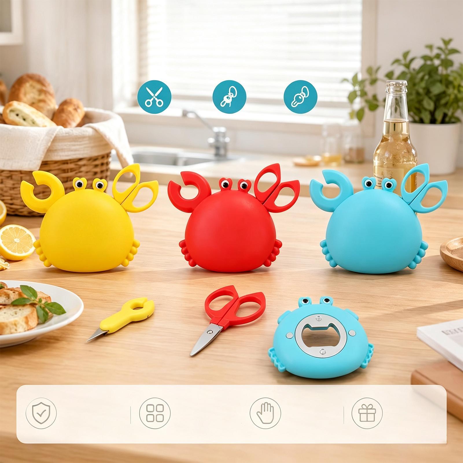 Camping Cooking Utensil Holder - 4 in 1カニ型ボトルオープナー、磁石付き冷蔵庫用ハサミ、多機能ツール、キッチンガジェット、缶切りホルダー、キャンプ、RV、旅行用