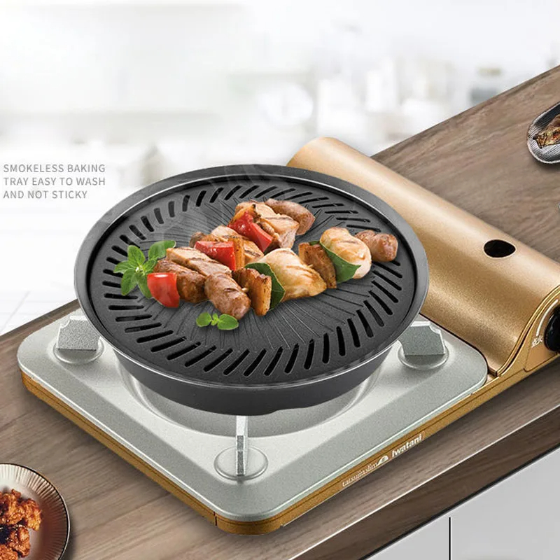 Camping Cooking Flat Top - 韓国の焦げ付き防止バーベキュートレイ、屋外カセットオーブングリルパン、キャンプ用ラウンドポータブル無煙バーベキューツール