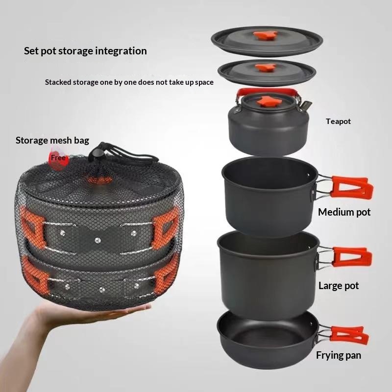 Camping Cooking Essentials - ポータブルアルミ製キャンプ調理器具キット 軽量アウトドアクッキングセット 鍋とフライパン付き ハイキング、ピクニック、旅行用品用 ﻿