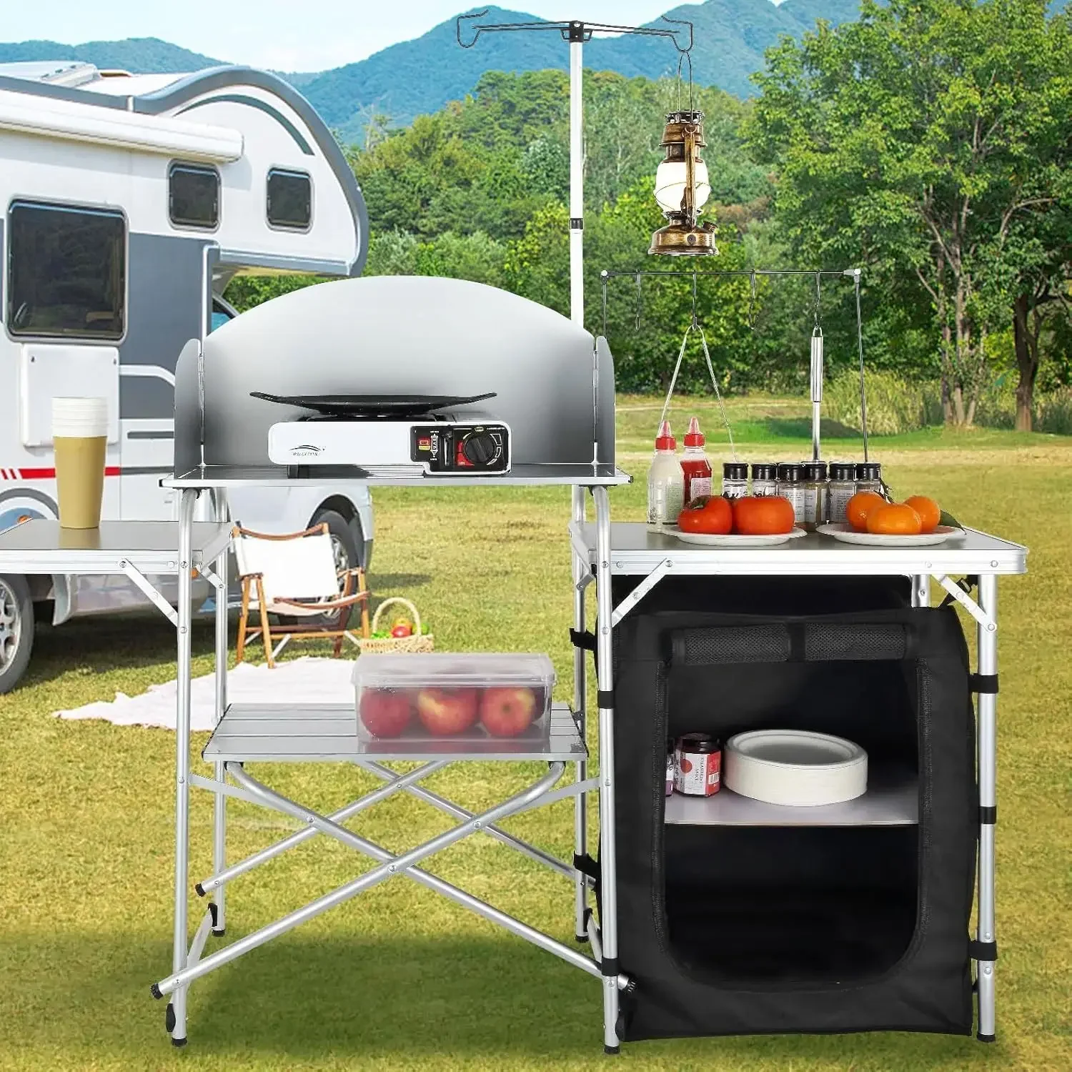 Camping Cooking Cupboard - キャンプ用キッチンテーブル、折りたたみ式屋外調理台、収納キャリーバッグ付き、アルミ製クックステーション、1つの食器棚と取り外し可能なWi-Fi付き