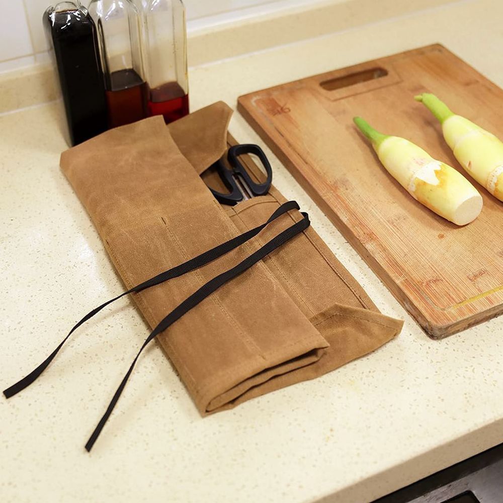 Camping Cooking Utensil Holder - キャンプ用調理器具収納バッグ、ワックス加工キャンバス製、ロール式、持ち運び可能、バーベキューやピクニックに最適、シェフ用ツールケース、キッチン用ケース。