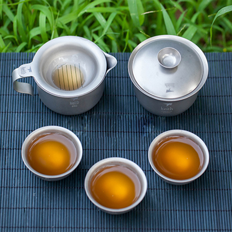 Camping Cooking Kettle - Leikeith-キャンプ用のポータブル屋外焦げ付き防止チタンカンフーティーセット,6個