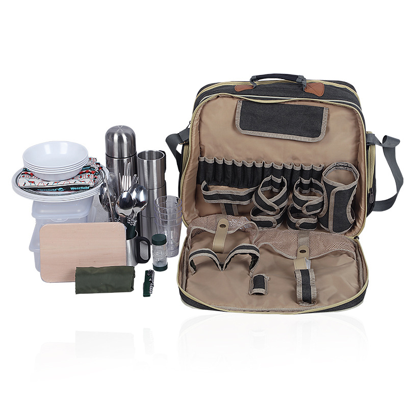 ポータブル高級キャンプピクニック食器セット、断熱バッグ付き屋 - Camping Cooking Set For 4 のレビューと価格