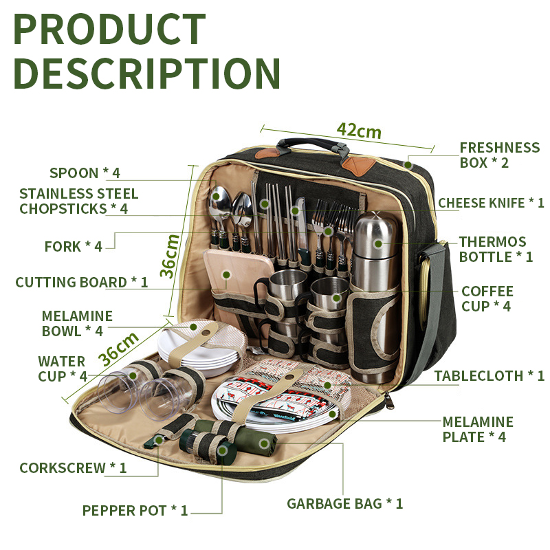ポータブル高級キャンプピクニック食器セット、断熱バッグ付き屋 - Camping Cooking Set For 4 のレビューと価格