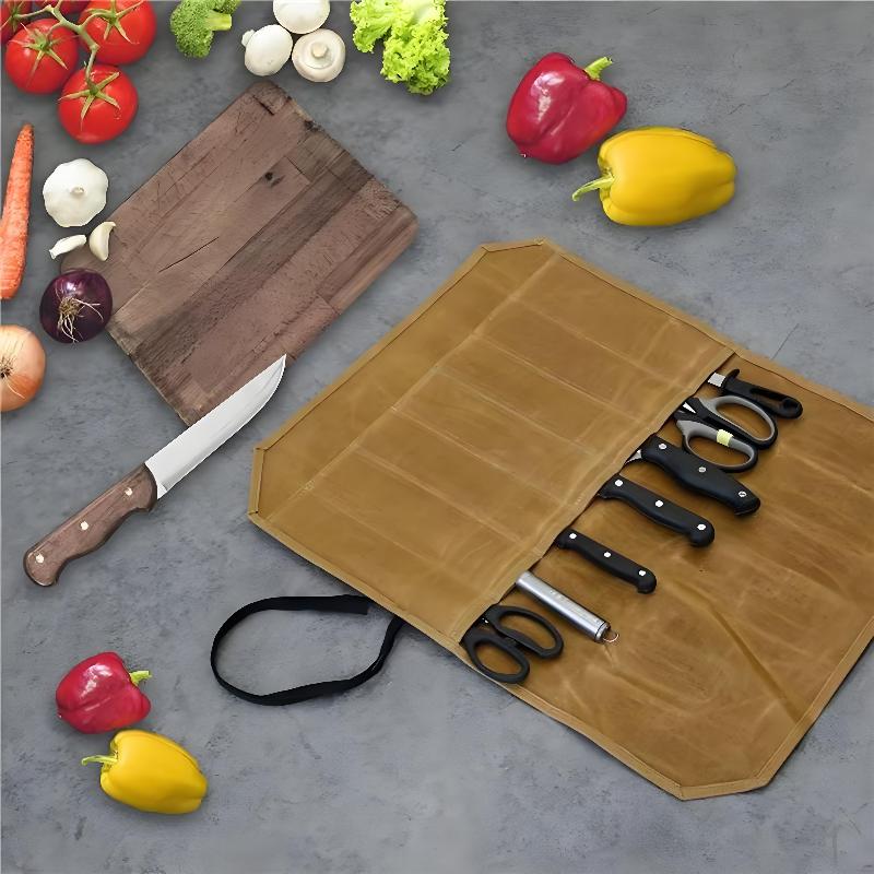 ワックスキャンバス製シェフナイフロール、複数の収納スロット、 - Camping Cooking Utensil Holder のレビューと価格
