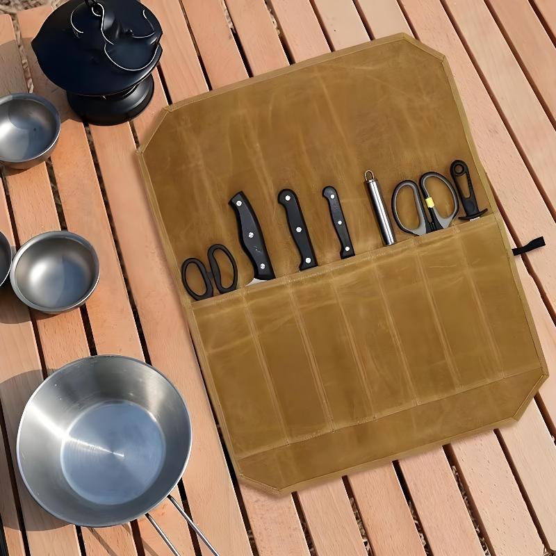 ワックスキャンバス製シェフナイフロール、複数の収納スロット、 - Camping Cooking Utensil Holder のレビューと価格