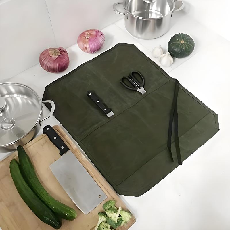 ワックスキャンバス製シェフナイフロール、複数の収納スロット、 - Camping Cooking Utensil Holder のレビューと価格