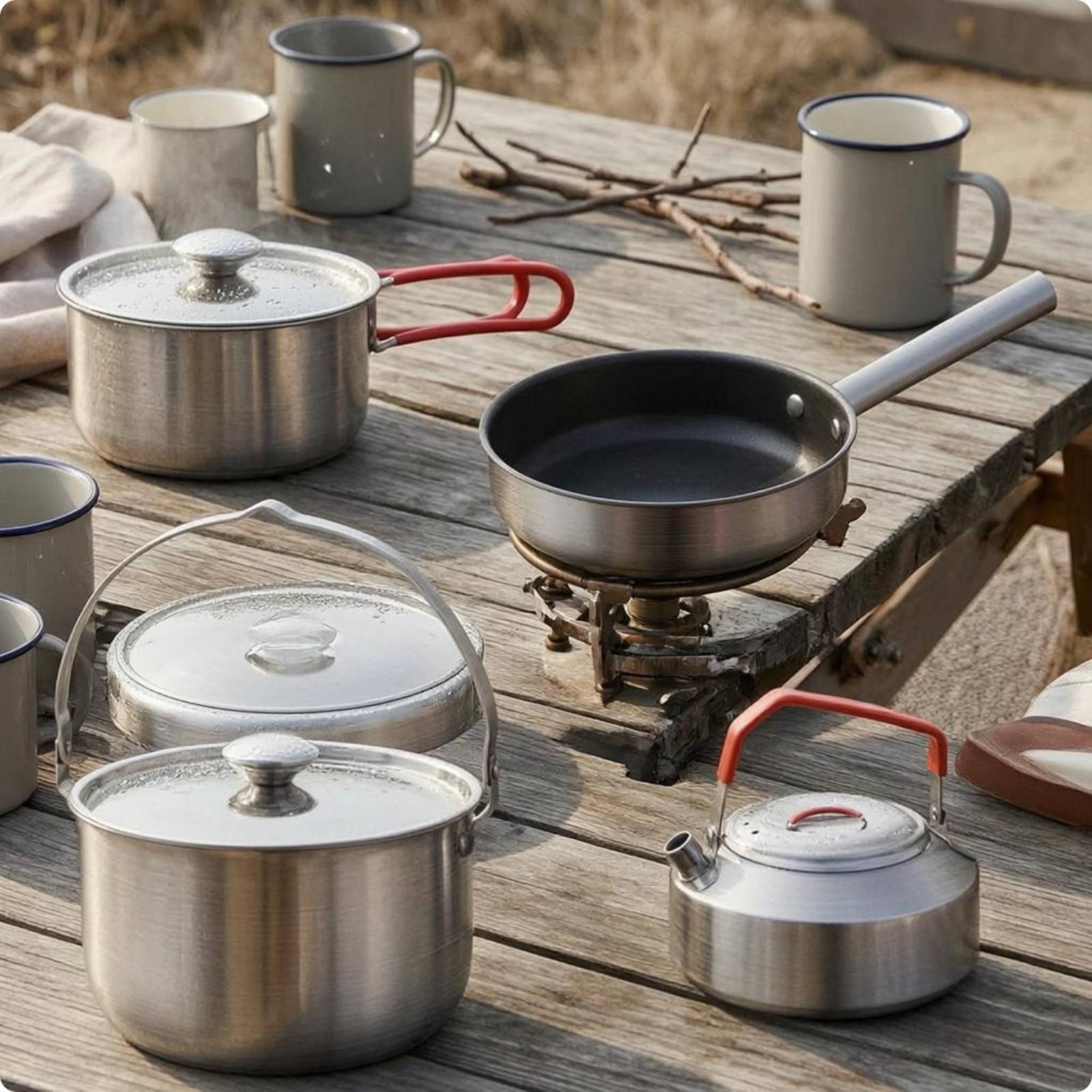 4点セットの屋外用折りたたみ調理器具セット。304ステンレス - Camping Cooking Set For 4 のレビューと価格